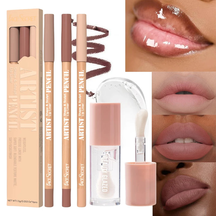 FACE SECRET 4Pcs/Set,Moisturizing Fresh Lightweight Plumping Lip Gloss With Brown LipLiner Set Non-Sticky Liquid Lipstick Makeup