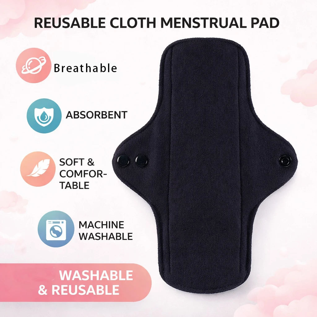 2pcs Balck Pure Cotton Sanitary Pad Ladies Reusable Cloth Menstruation Washable Menstrual Pads with Button Breathable Care Pads