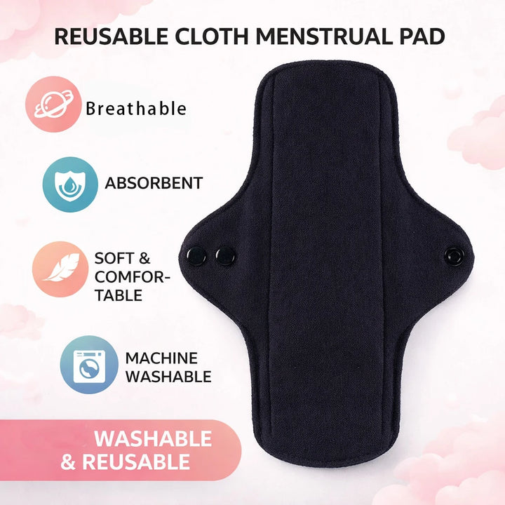 2pcs Balck Pure Cotton Sanitary Pad Ladies Reusable Cloth Menstruation Washable Menstrual Pads with Button Breathable Care Pads