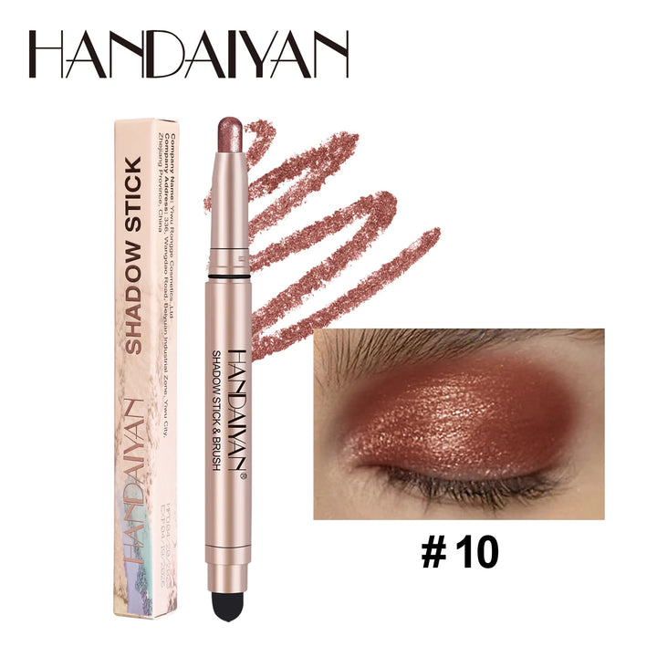 12 Colors Waterproof Eyeshadow Stick Long Lasting Metallic Shimmer Highlighter Cream Pen with Brush Double Head