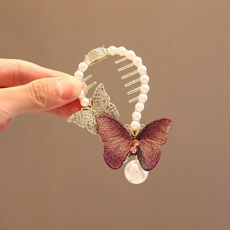 Blue Red Butterfly Bun Ponytail Buckle Holder Hair Clips Elegant Hairpin Hanging Pearl Tassel High Ponytail Hair Claw for Women
