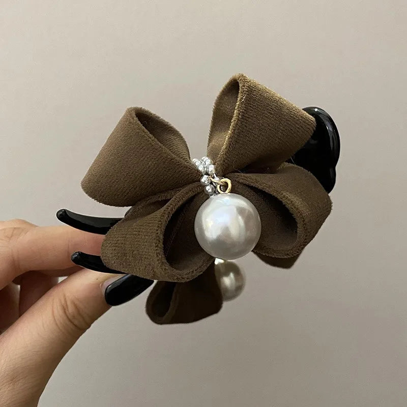 1 Piece of Bow, Pearl Clip, Temperament, Shark Clip, Korean Gentle Style Fabric Hair Accessory Girl Hair Accessoires