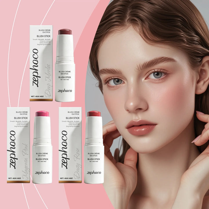 Portable Cream Blush Stick Soft Mist Finish Hydrating Long-Wear Blendable Smooth Lightweight On-the-Go Cheek Blush
