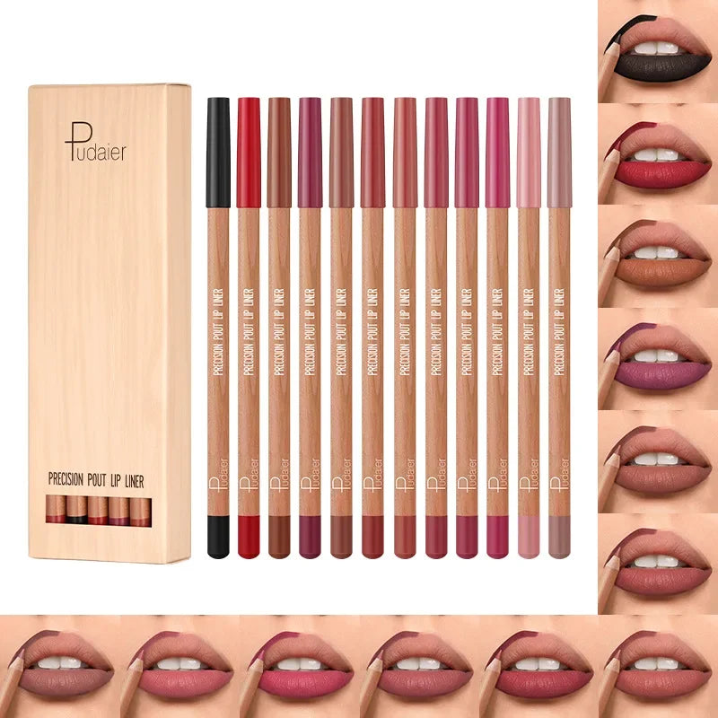 Pudaier 12pcs / Set Lip Liner Pen 12 Colors Professional Lipliner Pencil and Matte Lip Non-stick Cup Nude Lipstick Pencil