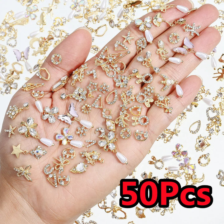 50Pcs 3D Mixed Random Luxury Nail Charms Metal Gold/Silver Butterfly/Bowknot Nail Art Decoration With Crystal Manicure Jewelry
