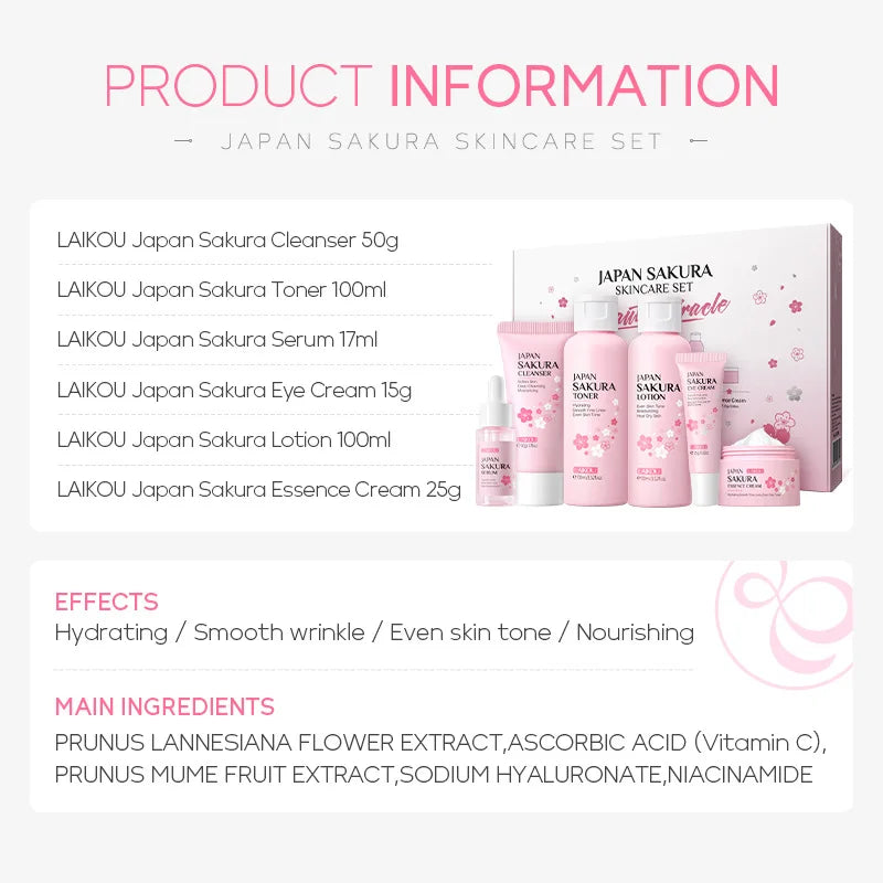 Laikou 6pcs/set Sakura Skin Care Sets Facial Cleanser Moisturizing Eye Creams Face Cream Serum Lotion Toner Face Care Kit