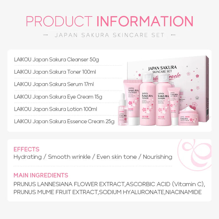 Laikou 6pcs/set Sakura Skin Care Sets Facial Cleanser Moisturizing Eye Creams Face Cream Serum Lotion Toner Face Care Kit