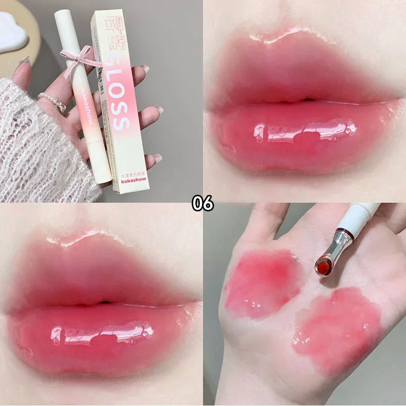 Kakashow Mirror Watery Lip Gloss Iron Brush Head Jelly Lipgloss Moisturizing Lip Tint Lipstick Nature Nude Lips Makeup Cosmetics