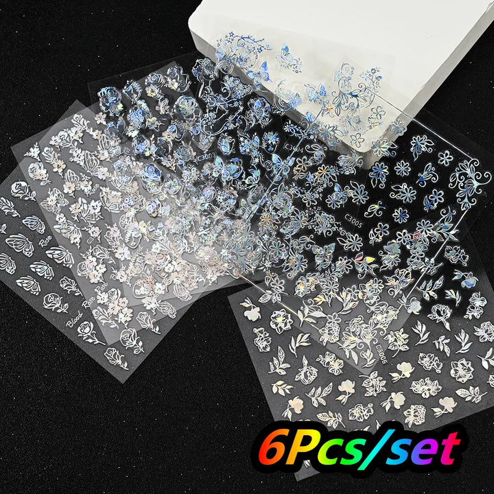 4/6Sheet/Kit Holographic Rainbow Love Heart Nail Sticker 3D Laser Heart Nail Decal Self-Adhesive Love Heart Manicure Slider &*&