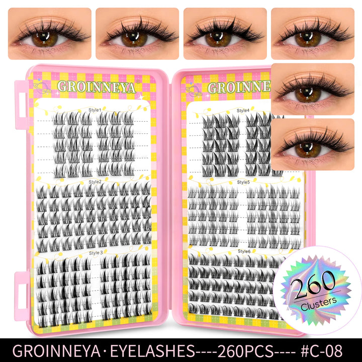 GROINNEYA Eyelashes Clusters 320 pcs Natural Eyelash extension Cluster Lashes Volume Mixed Tray Lashes Cluster Natural Lashes