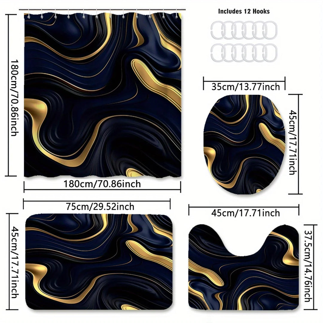 1/3 Piece Black Gold Bath Set - Ripple Shower Curtain with 12 Hooks, Non-Slip Mat and Toilet Seat, Modern Bathroom Decor