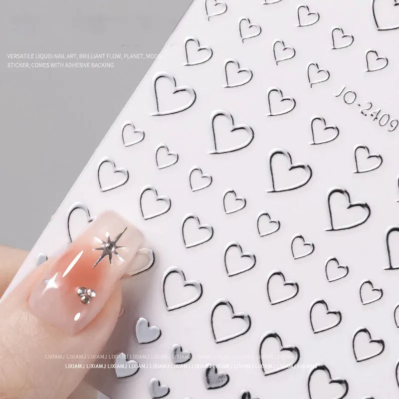 6pcs/set Metallic Silver Star/Moon/Heart Nail Sticker Y2K 3D Metal Mirror Effect Nail Decal 8*10cm Self-Adhesive Nail Decoration