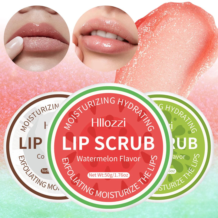 Hllozzi 50g lip scrub jojoba oil vitamin C hydrating moisturizing mild non-irritating watermelon, coconut, apple