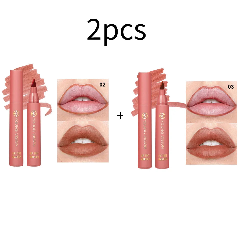 Lip Tint Pen, 6 Colors Available, Matte Water Lipstick, Non-Stick Cup, Long-Lasting, Smooth Lip Liner and Lip Stain Combo