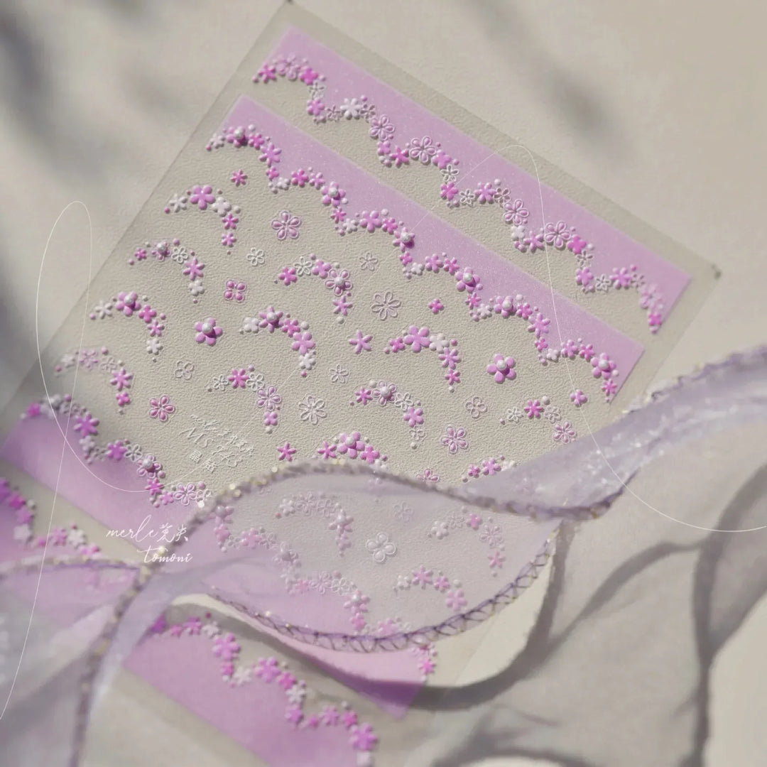 Lace Garden Bowknot Bow Tie Rose Flower Petal Pearl Irregular Border Self Adhesive 5D Nail Art Decoration Sticker Manicure Decal