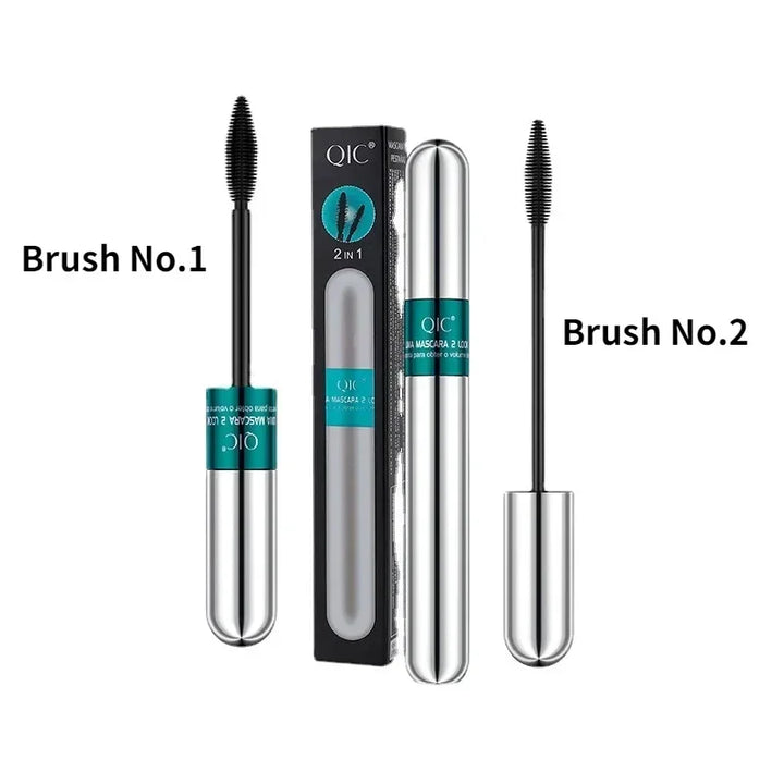 QIC Double Effect 4D Mascara Waterproof Long Curl Natural Thick Eyelash 2-in-1 Black Mascara with 2 Brush Heads