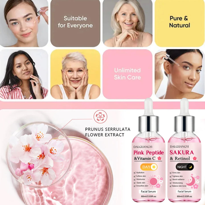 GUYWL Pink Peptide & Vitamin C Sakura & Retinol Facial Cream & Serum Set Day Night Care Combination with Niacinamide Hyaluronic