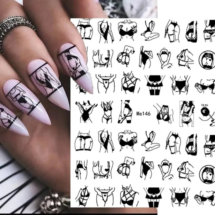 Nail Art Stickers Woman Girl Sexy Sticker Body Press on Nail Slider Black White Decal Decoration Nail Design Accessories Wraps