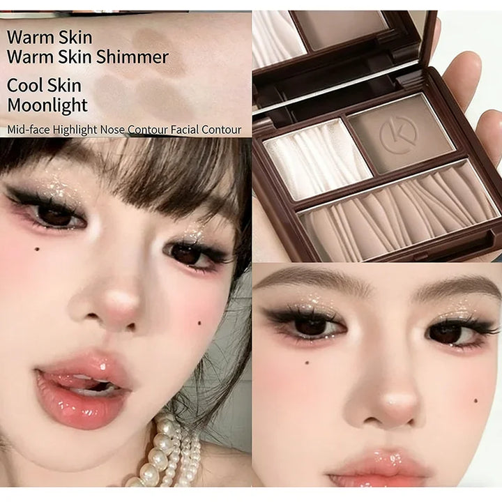 Natural Matte 3-in-1 Contour Palette - Highlighter Bronzer Blush Face Sculpting Powder Kit - Valentine's Day Makeup Gift Set