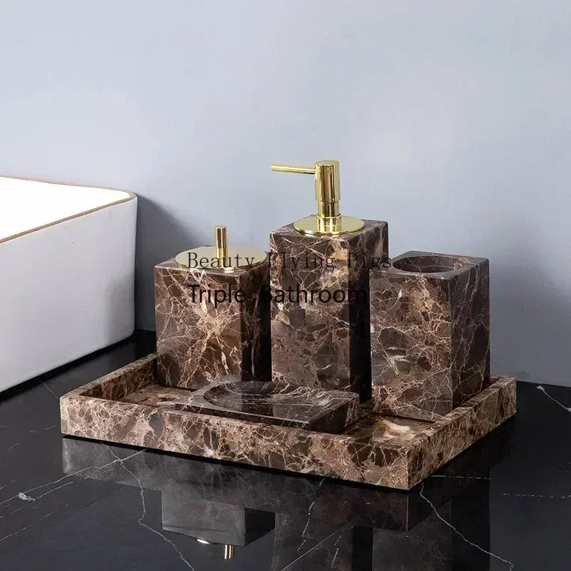 Emperador Dark Natural Marble Bathroom Set Brown Luxury Toothbrush Holder Soap Dish Soap Dispenser Bathroom Accessories