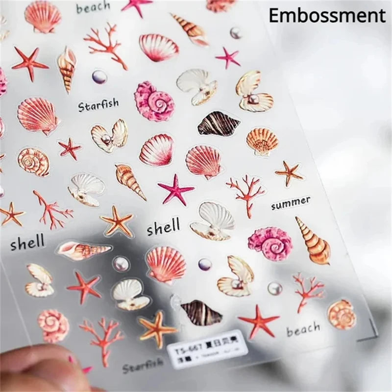 Summer Beach Ocean Shell Starfish Clams Conch Stars Sea Bubble Seasnail Soft Relief Decoration Nail Art Stickers Manicure Decals