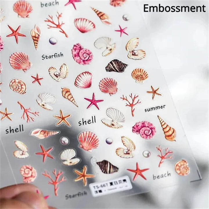 Summer Beach Ocean Shell Starfish Clams Conch Stars Sea Bubble Seasnail Soft Relief Decoration Nail Art Stickers Manicure Decals