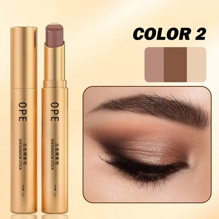 Three-Color Eyeshadow Stick, Shimmering Highlighter Eyeshadow Stick, Waterproof and Long-Lasting Pearlescent Metallic Eyeshadow