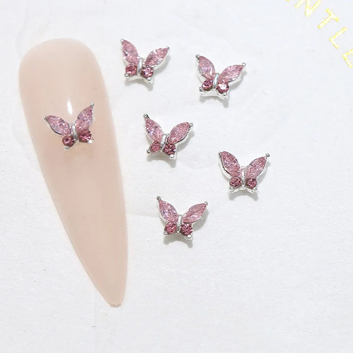 10pcs Mini 4*5mm Crystal Butterfly Nail Art Charms 3D Diamond Jewelry Parts Pink Clear Metal Manicure Decoation Rhinestones Gems