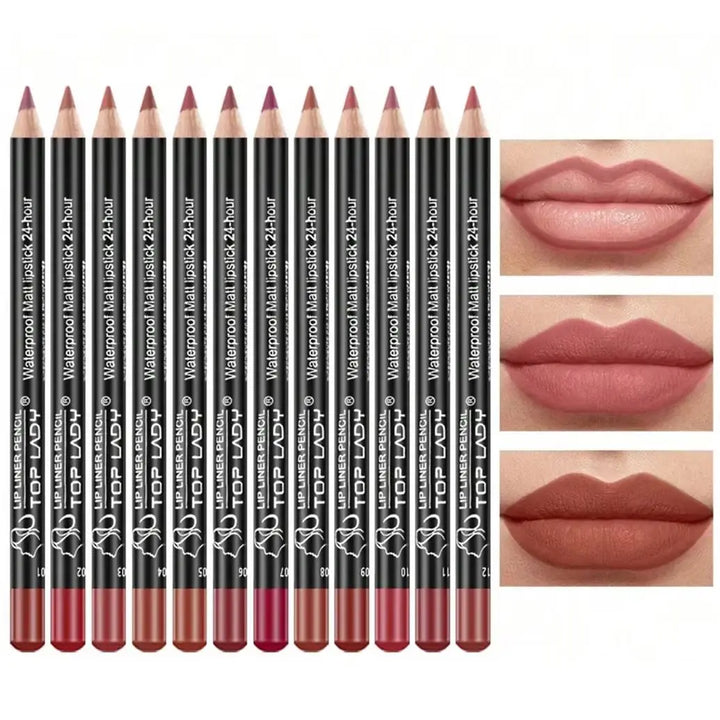 12pcs Lip Liner Pen 12 Colors Professional Lip Liner Pencil and Matte Lip Non-stick Cup Nude Lipstick Pencil SET