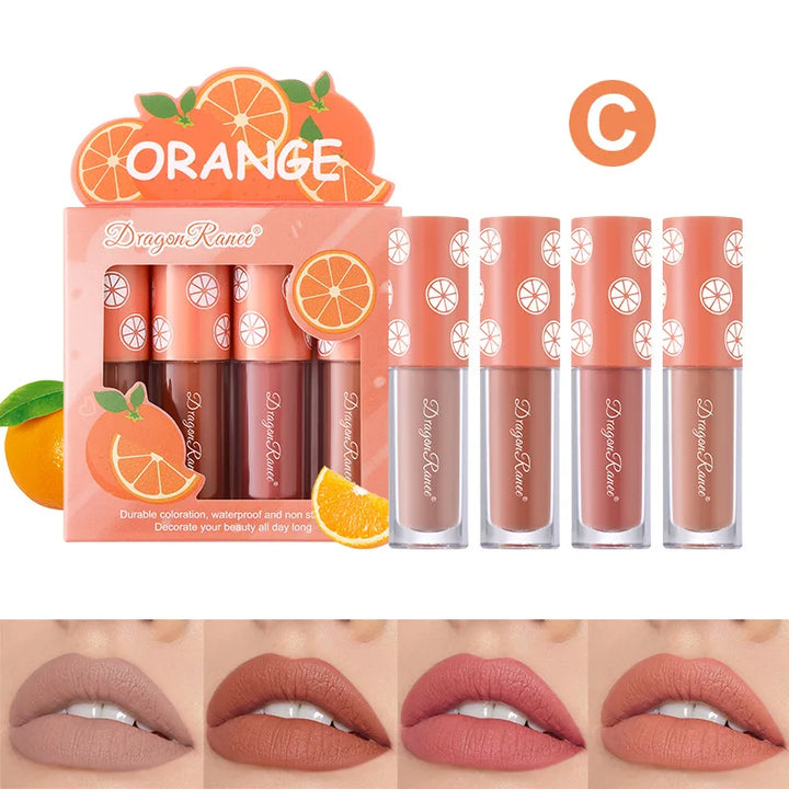 Mini Velvet Matte Lip Gloss Set, 4-Piece Non-Fading, Non-Stick Cup, Long-Lasting Fruit Scented Lip Tint, Smooth and Lightweight
