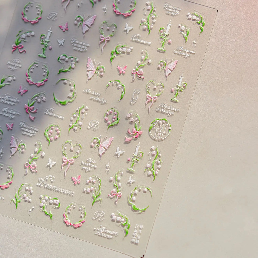 Lace Garden Bowknot Bow Tie Rose Flower Petal Pearl Irregular Border Self Adhesive 5D Nail Art Decoration Sticker Manicure Decal