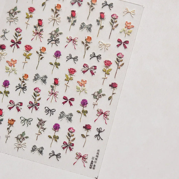 Lace Garden Bowknot Bow Tie Rose Flower Petal Pearl Irregular Border Self Adhesive 5D Nail Art Decoration Sticker Manicure Decal