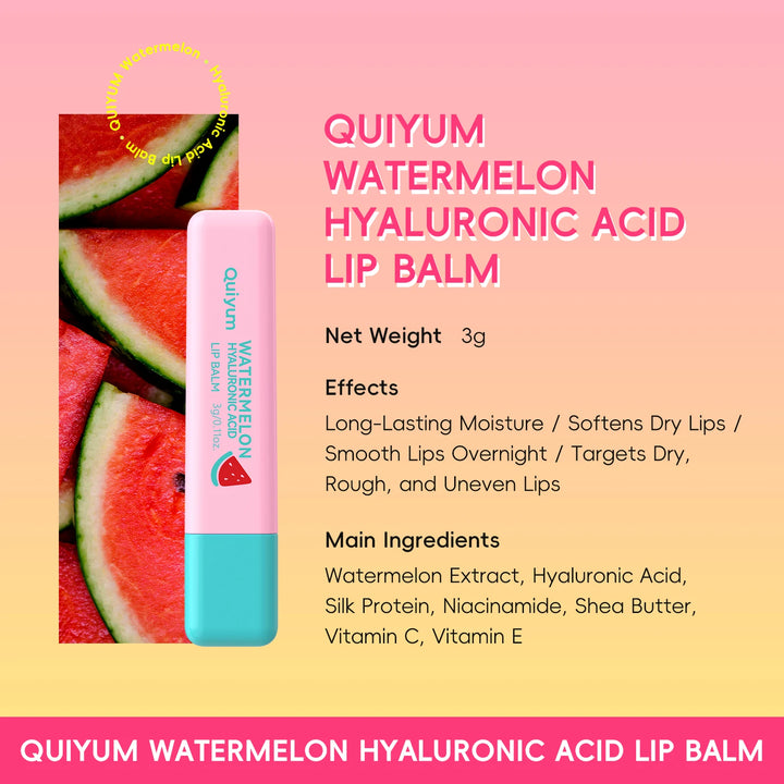 QUIYUM 2Pcs Watermelon Skin Care Set, Hyaluronic Acid Lip Balm 3g + Niacinamide Hand Cream 30g Moisturizing Hand Lip Repair Kit