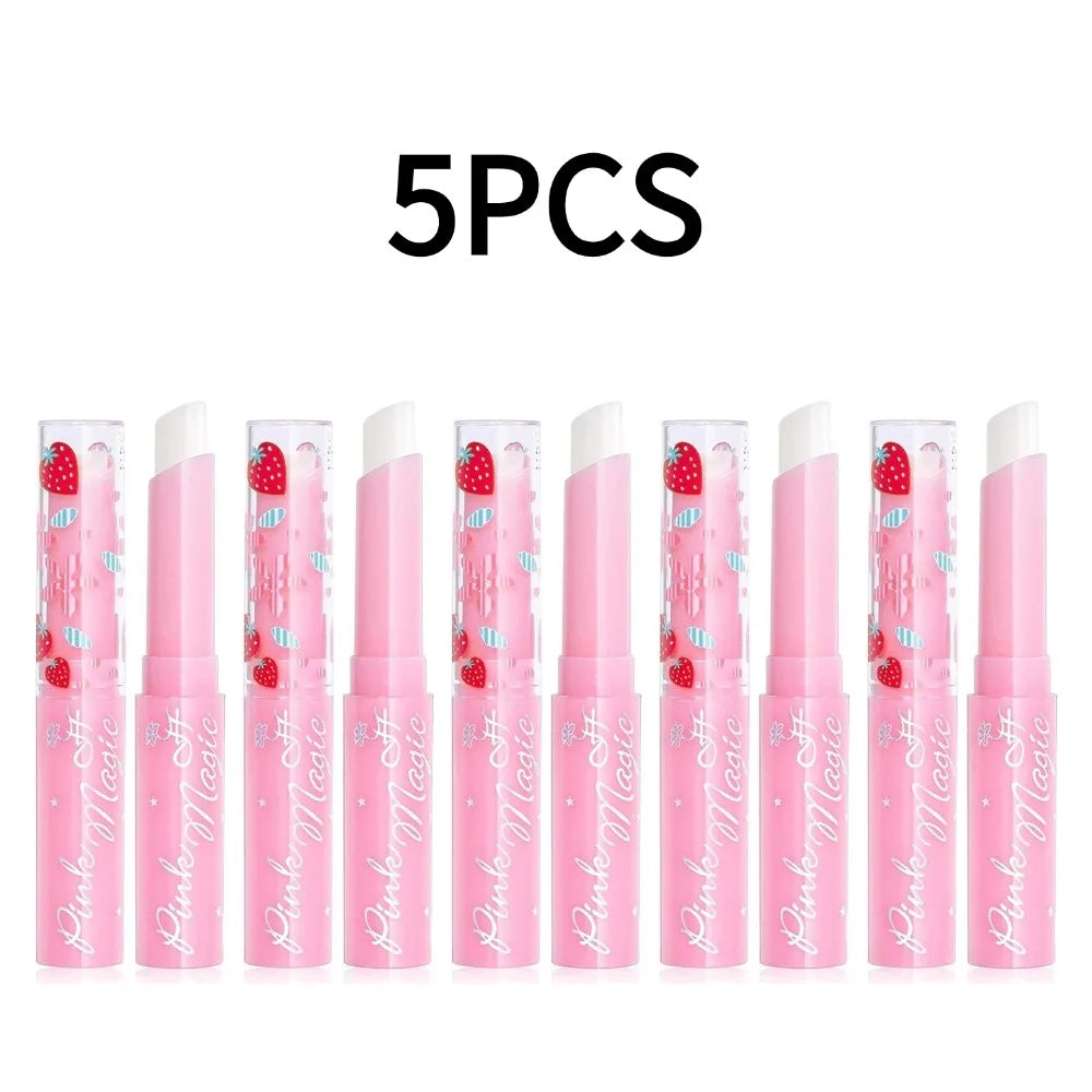 Strawberry Temperature Color Changing Lip Balm Moisturizing Long Lasting Nourishing Lipstick Pink Magic Lip Gloss Cosmetics 5PCS