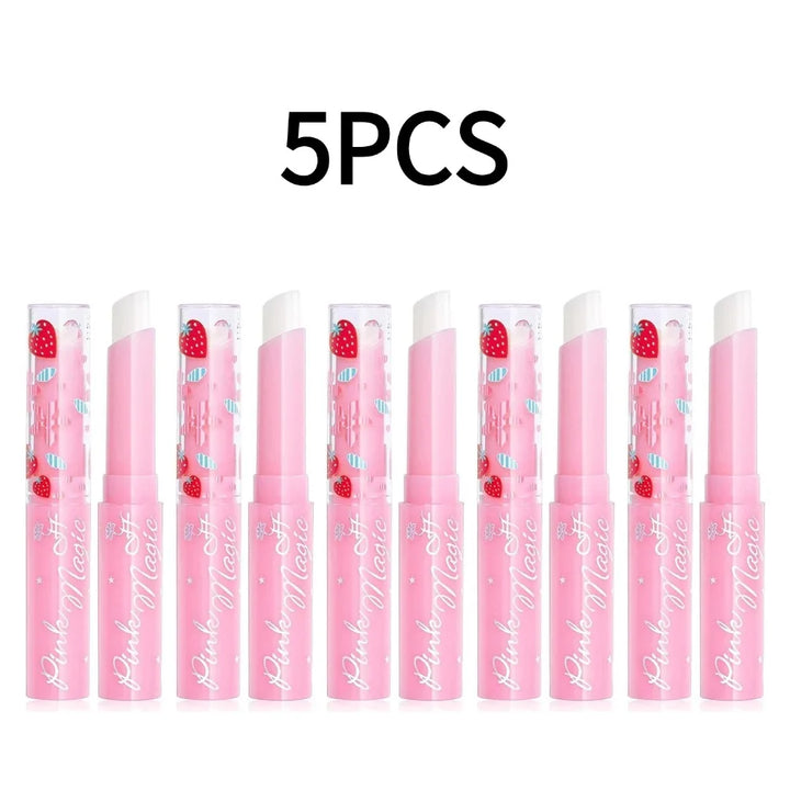 Strawberry Temperature Color Changing Lip Balm Moisturizing Long Lasting Nourishing Lipstick Pink Magic Lip Gloss Cosmetics 5PCS