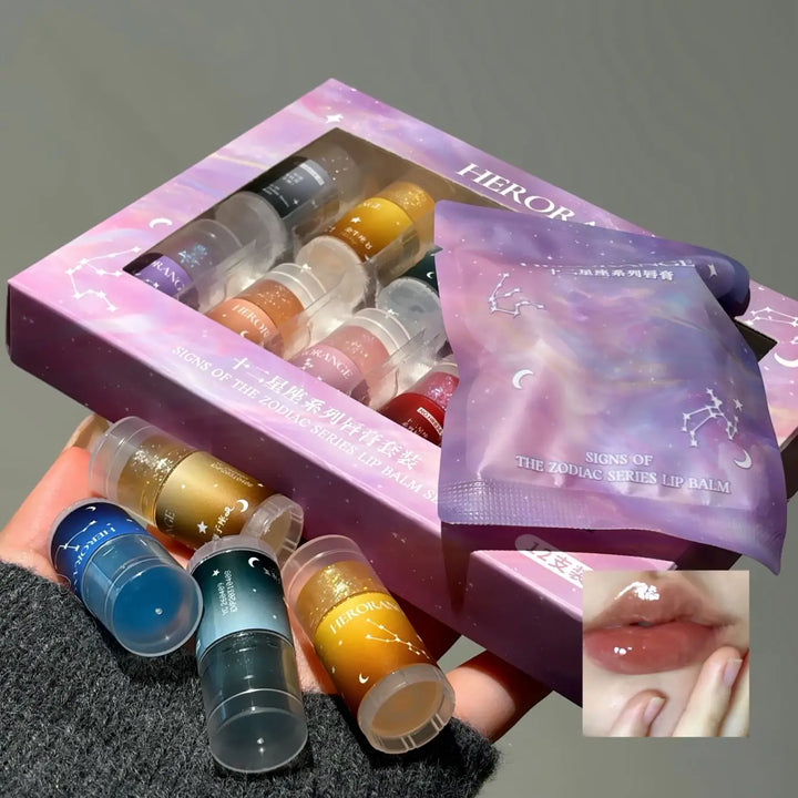 Herorange 12 Zodiac Lip Balm Set, Glitter Hydrating Gloss Oil, Moist Shiny Lip Tint Kit Daily Girly Lip Gift Pack