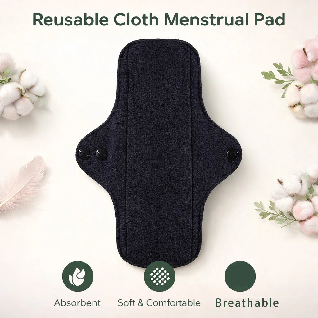 2pcs Balck Pure Cotton Sanitary Pad Ladies Reusable Cloth Menstruation Washable Menstrual Pads with Button Breathable Care Pads
