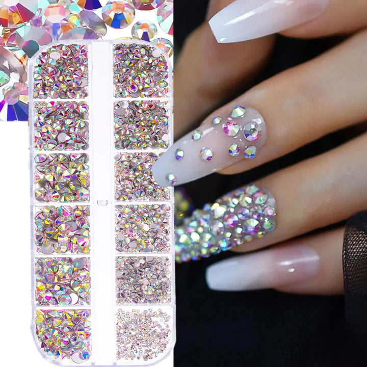 1.5mm-5mm Champagne Glass Crystal Nail Art Gems 12grids Flatback SS4-SS16 Mixed Nail Art Rhinestone Non-Hotfix Diamond Nail Deco