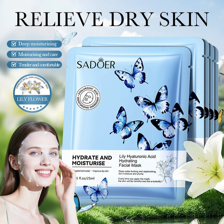 SADOER Lily Hyaluronic Acid Face Mask Moisturizing Sheet Masks Hydrating Anti-Aging Wrinkle Facial Masks Beauty Skin Care