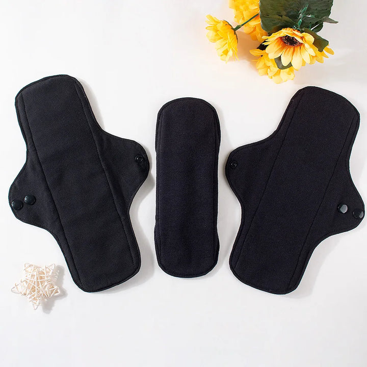 2pcs Balck Pure Cotton Sanitary Pad Ladies Reusable Cloth Menstruation Washable Menstrual Pads with Button Breathable Care Pads