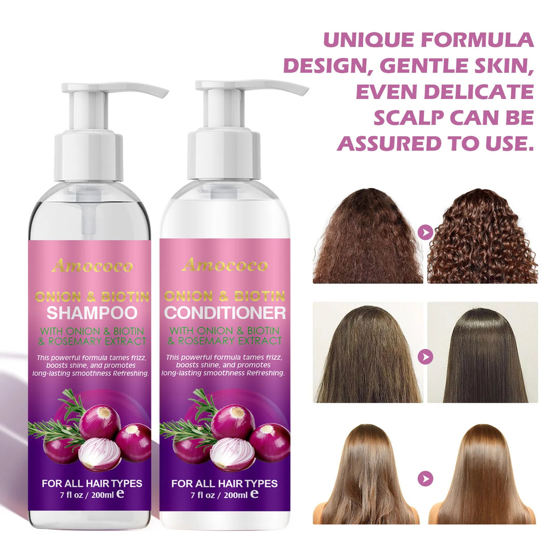 Amococo 2pcs X 200ml Shampoo and Conditioner Set with Onion Biotin Rosemary Hair Care Duo for All Hair Types Frizz Control Shine Boosting Sulfate Free