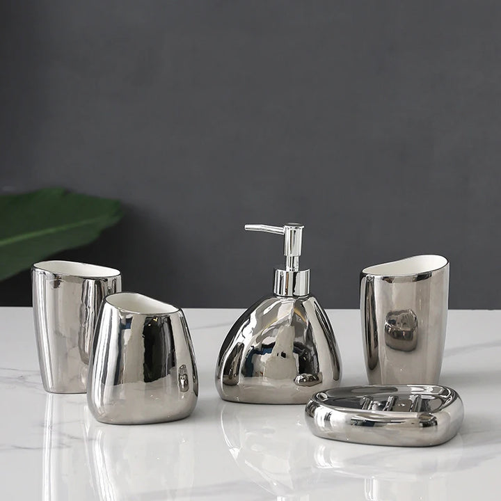 4/5 Pcs Modern Ceramic Bathroom Accessory Set with Pump Dispenser Tumbler Toothbrush Holder and Soap Dish Bathroom Supplies