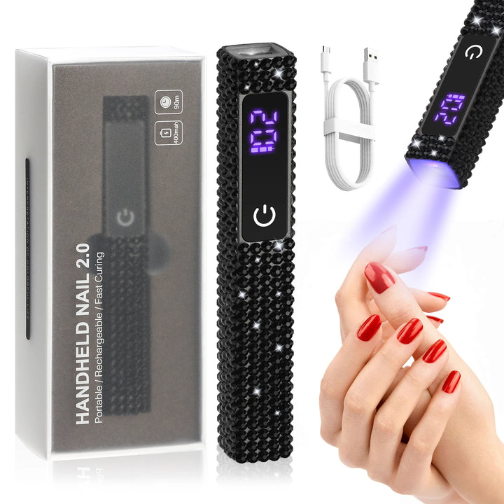 Mini Handheld UV LED Nail Lamp With Diamonds Portable Nail Dryer Rechargeable 2-Timer Gel Curing Tool for On-the-Go Manicures