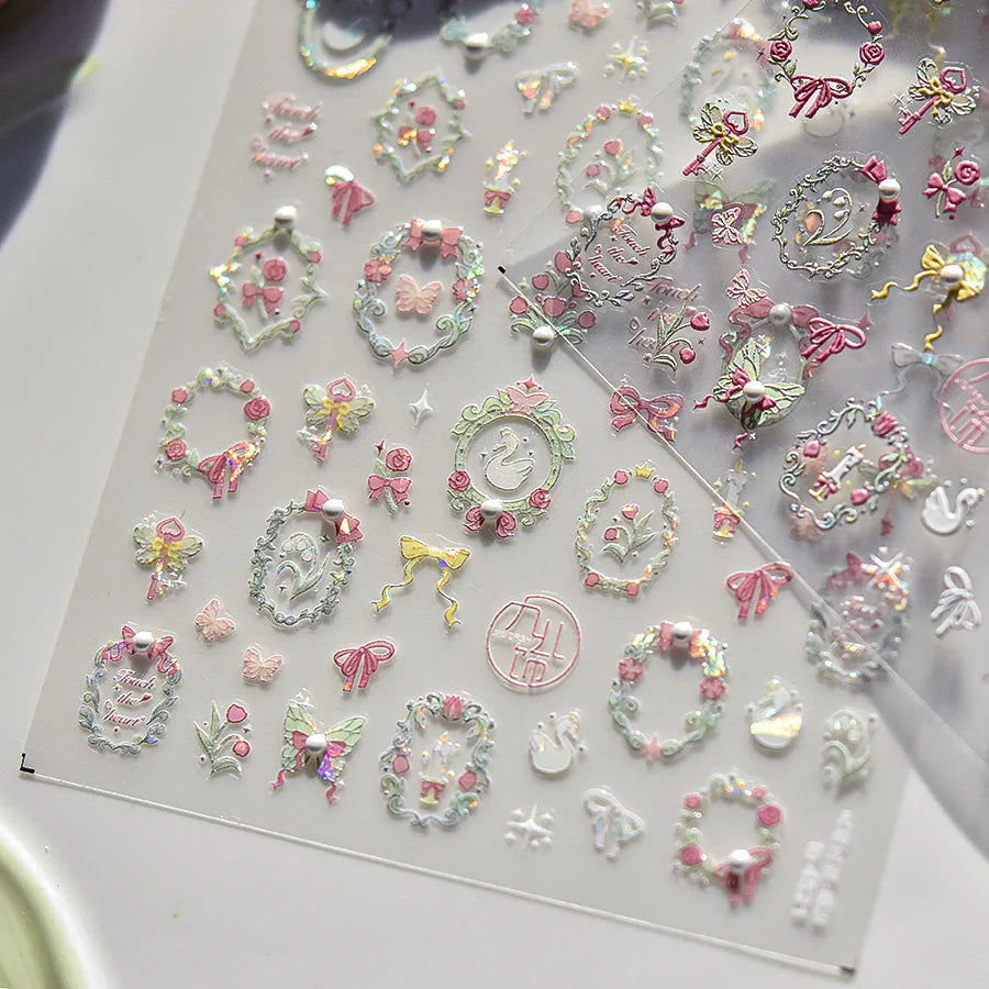1PCS Crystal Diamond Nail Sticker Mix Pink Swan Flower Frame Butterfly Self Adhesive Nail Art Stickers DIY Cute Decoration Parts