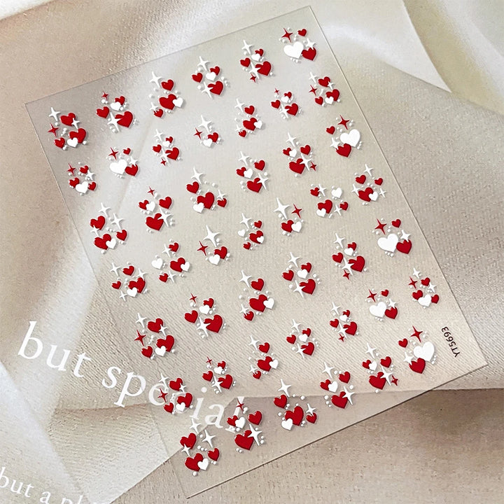 3D Valentine' s Day Love Heart Nail Art Sticker Red White Cross Stars Self-Adhesive Nail Decals 8*10cm Kawaii Heart Nail Sticker