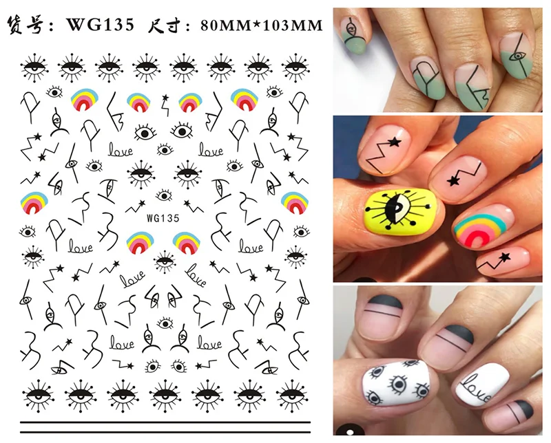 Nail Art Stickers Water Decals Eyes Stripe Nail Art Decorations for Manicure Accessories Press on Nails Foil Stickers and Decals