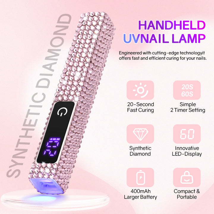 Mini Handheld UV LED Nail Lamp With Diamonds Portable Nail Dryer Rechargeable 2-Timer Gel Curing Tool for On-the-Go Manicures