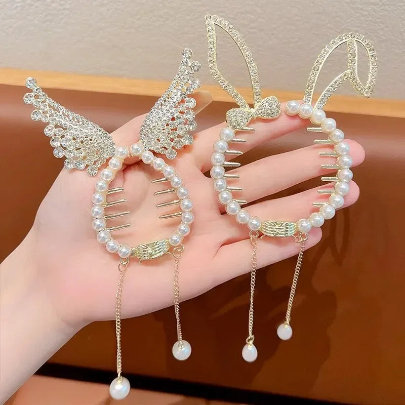 Blue Red Butterfly Bun Ponytail Buckle Holder Hair Clips Elegant Hairpin Hanging Pearl Tassel High Ponytail Hair Claw for Women