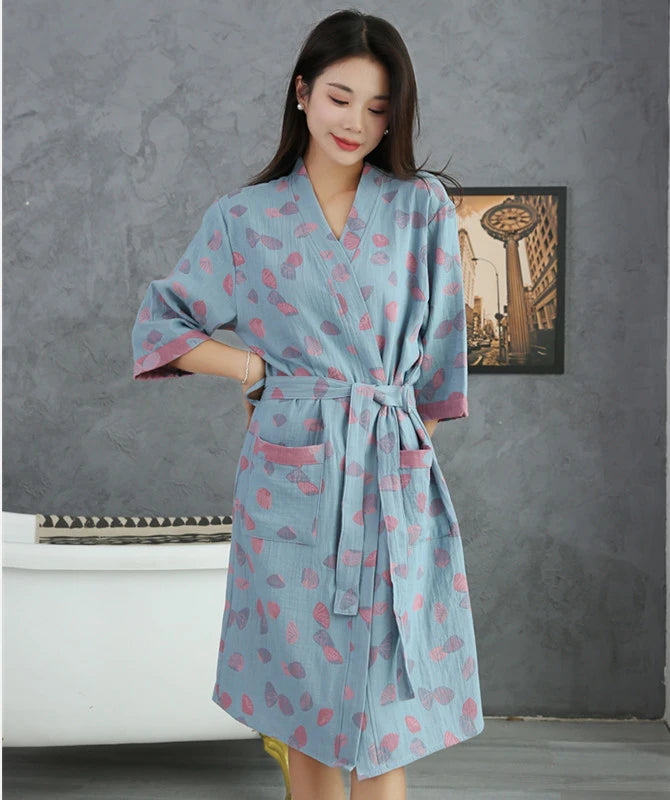 Cotton Bathrobe for Couples Spring and Summer Thin Style Short Sleeve Pajamas Clothes Women Absorbing and Quick Drying Bathrobes