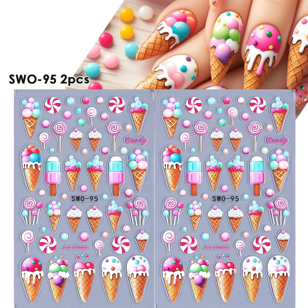 2pcs Sweet Element Nail Art Stickers Simple Flower Heart Cherry Strawberry Kawaii Decals Colorful Bow Butterfly Manicure Sliders